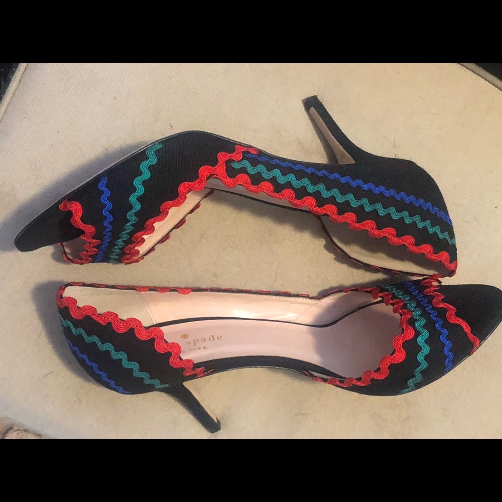 Kate Spade Black Heels with Red, Blue, and Green Accents